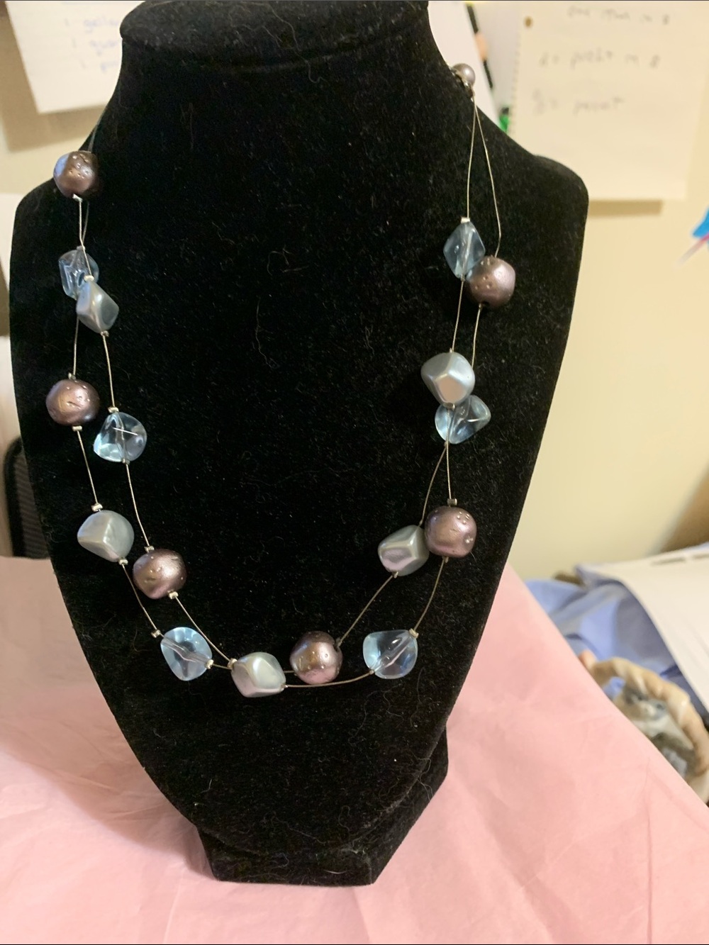 Blue and Lavender Beaded Double-Strand Necklace. 18”